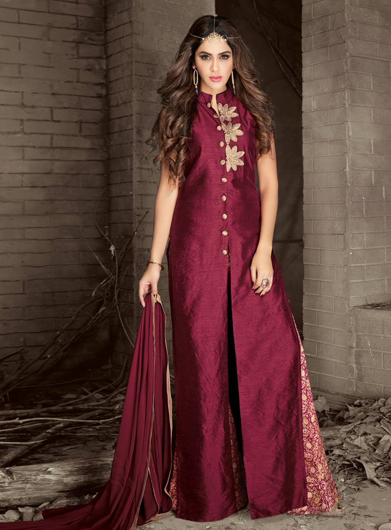 Maroon Banarasi Silk Palazzo Style Suit 120391