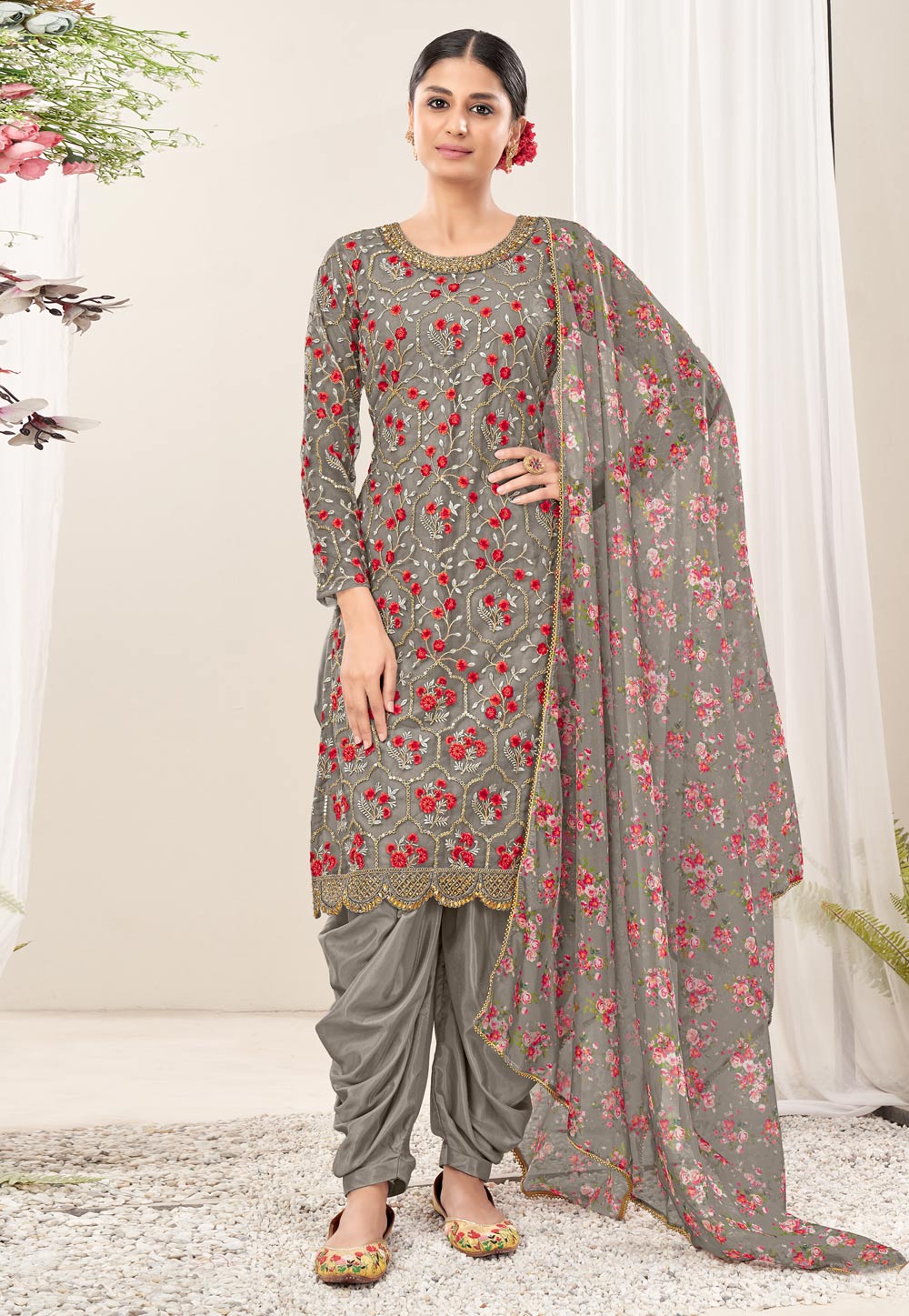 Grey Net Punjabi Suit 260429