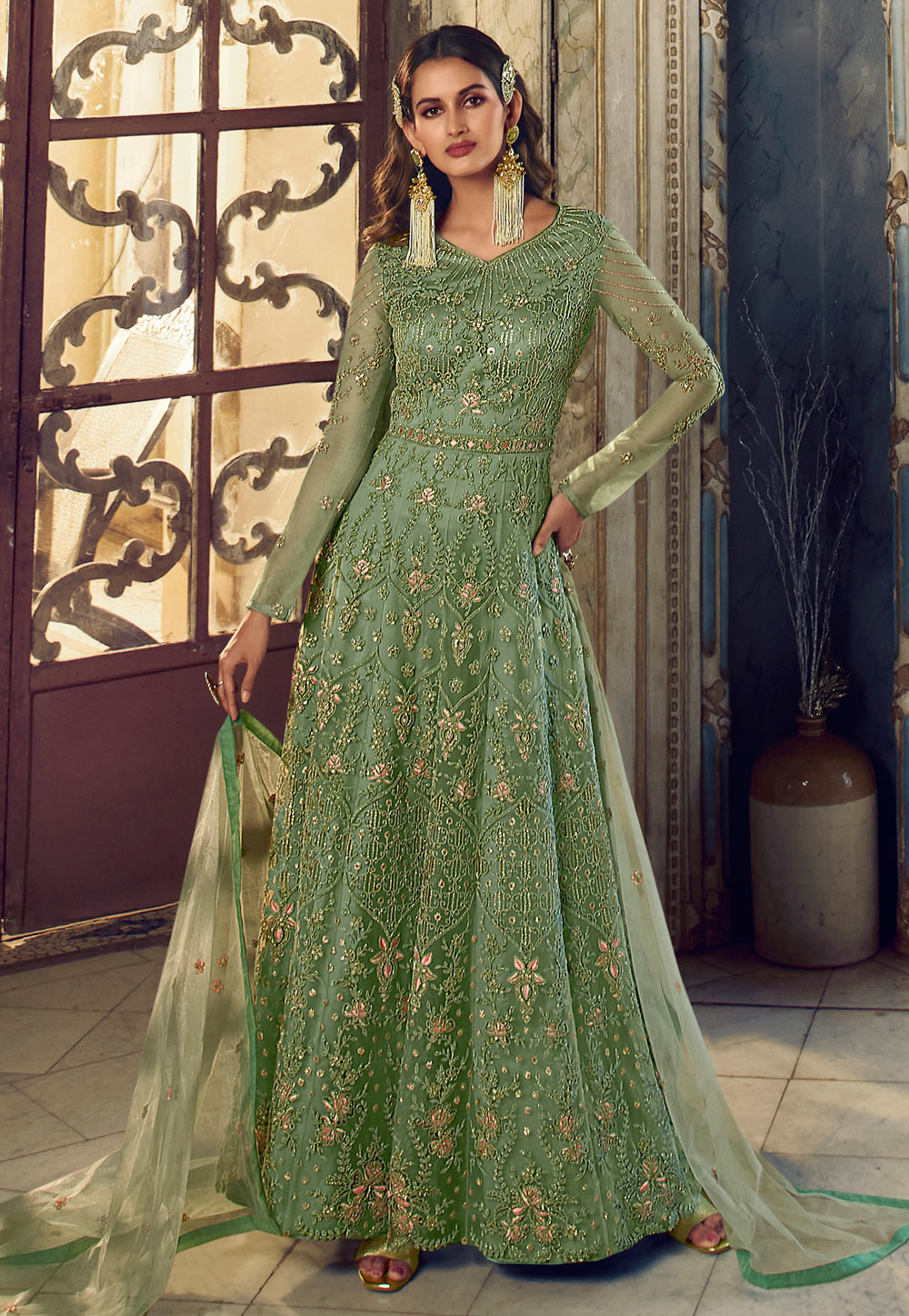 Light Green Net Abaya Style Anarkali Suit 249916