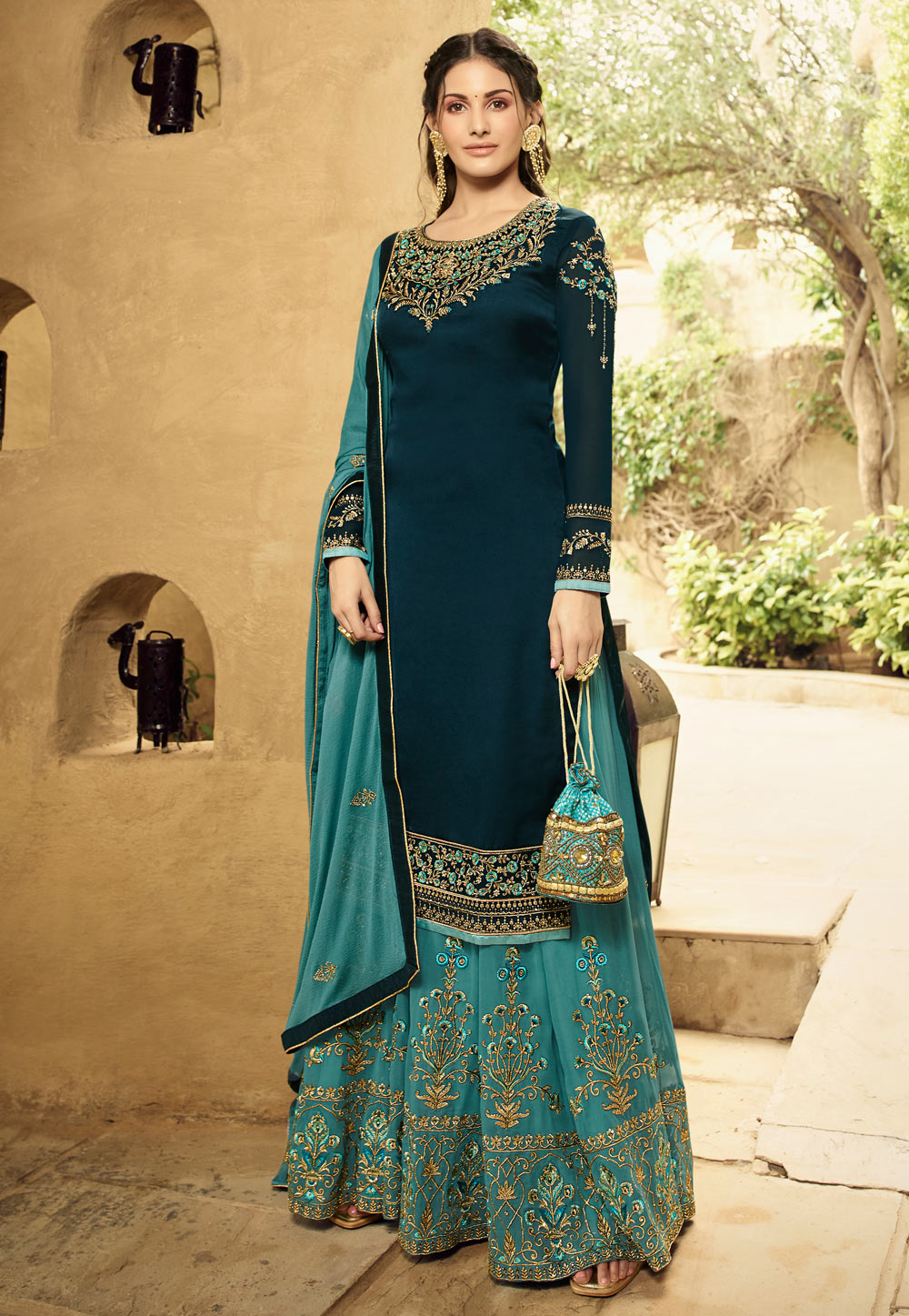 Blue Satin Embroidered Kameez With Palazzo 195125
