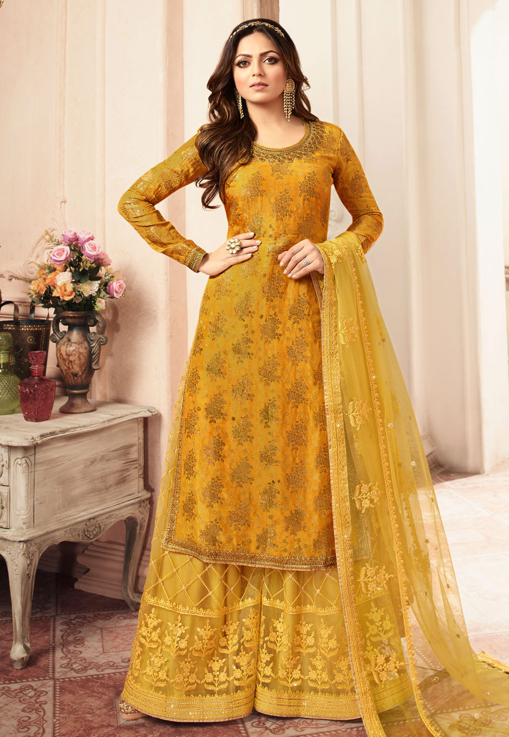 Drashti Dhami Yellow Jacquard Bollywood Suit 200953