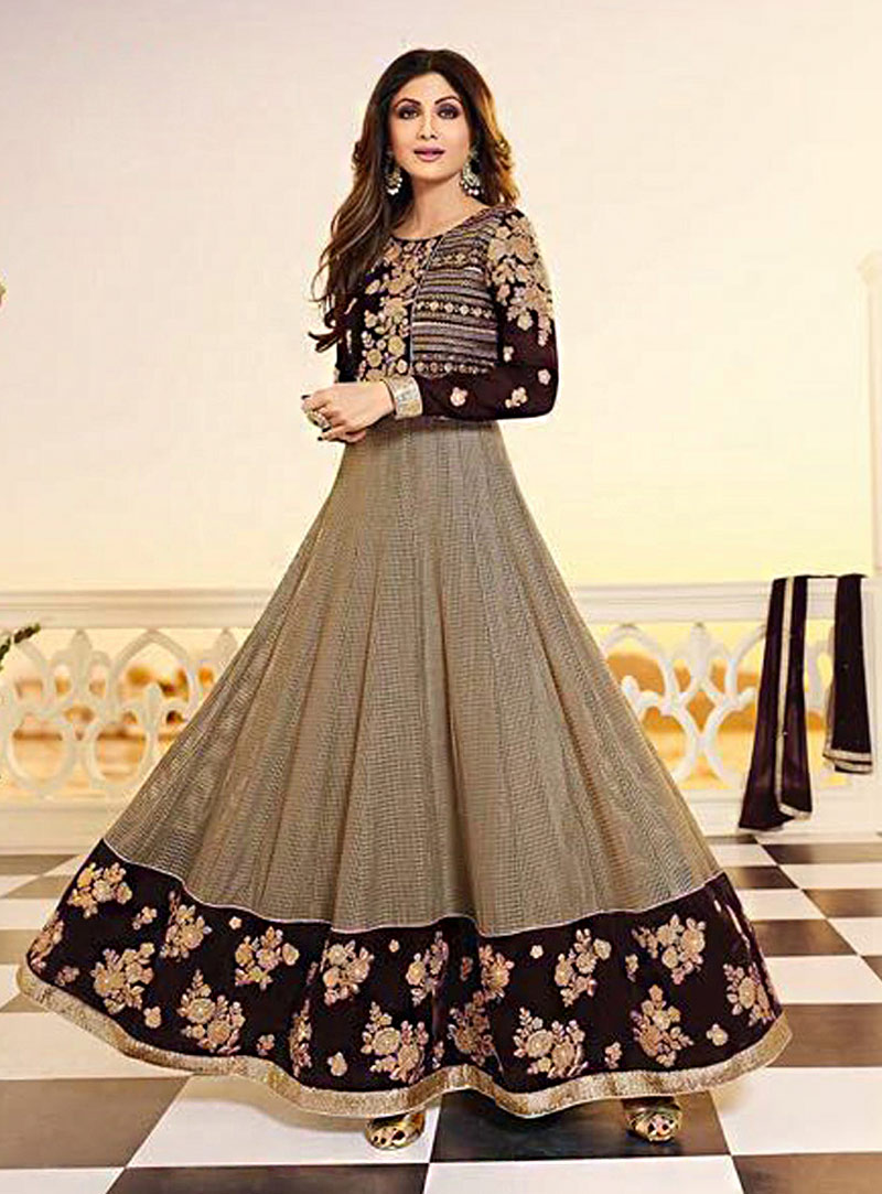 Shilpa Shetty Brown Shimmer Jacquard Ankle Length Anarkali Suit 71585