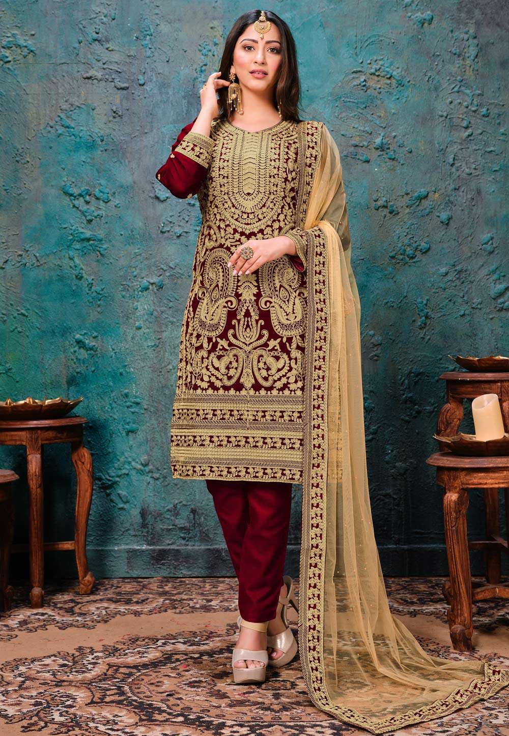 Maroon Faux Georgette Embroidered Kameez With Pant 218019
