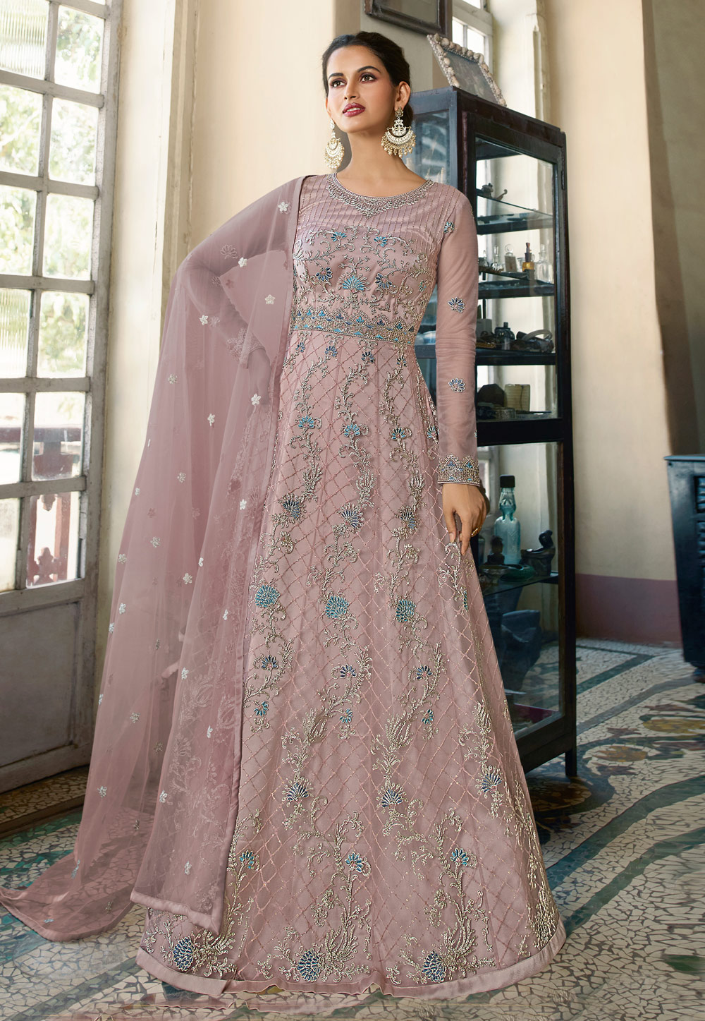 Pink Net Abaya Style Anarkali Suit 249918