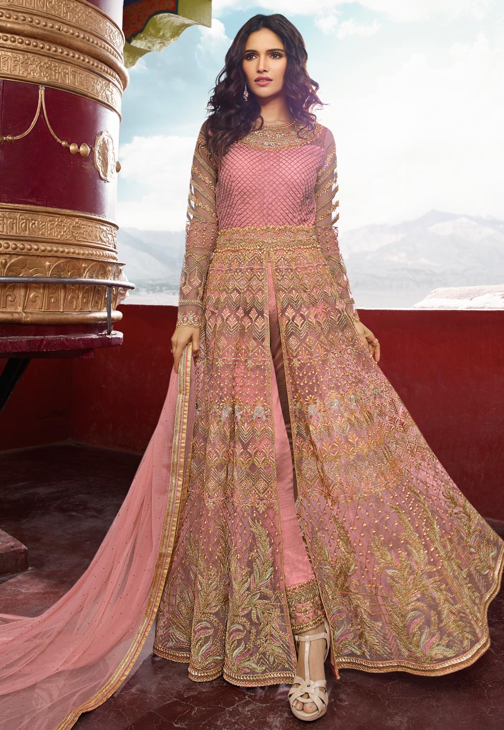 Pink Banglori Silk Embroidered Center Slit Anarkali Suit 178076