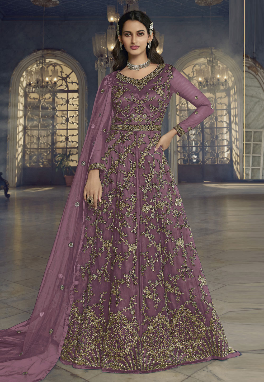 Pink Net Abaya Style Anarkali Suit 257881