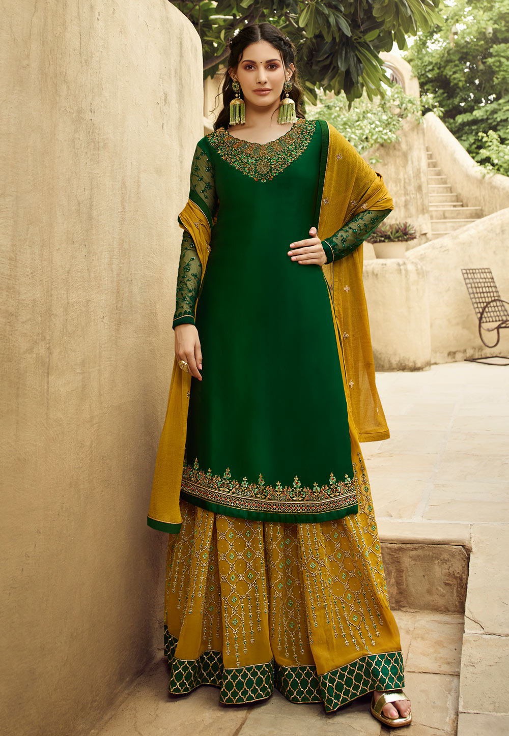 Green Satin Embroidered Kameez With Palazzo 195127