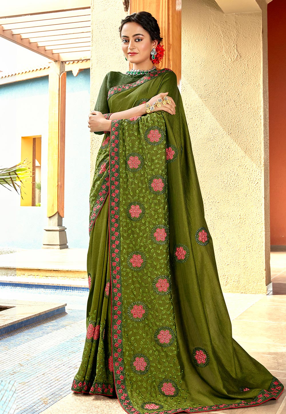 Mehndi Silk Saree With Blouse 247576