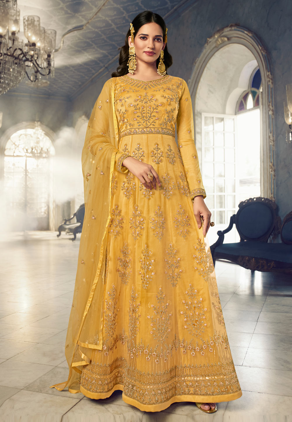 Yellow Net Abaya Style Anarkali Suit 249920