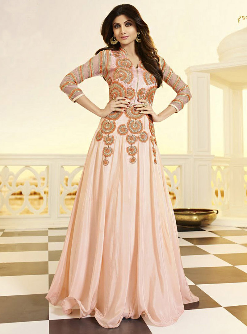 Shilpa Shetty Peach Satin Floor Length Anarkali Suit 70827