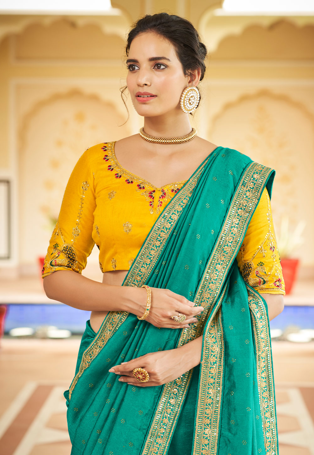 Plain Sea Green Saree With Contrast Blouse - FASHION ERA - 279852