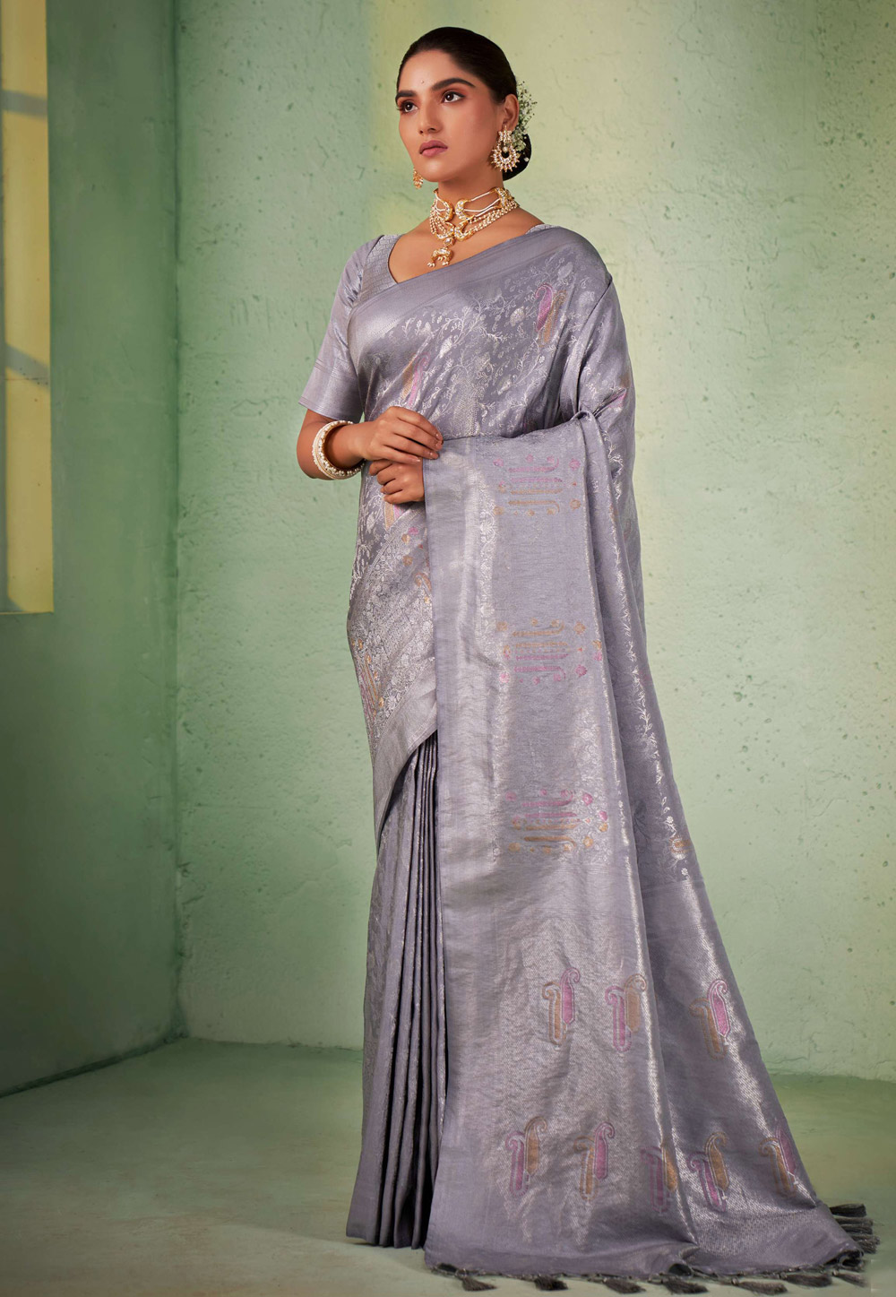 Grey Kanjivaram Silk Saree With Blouse 256939