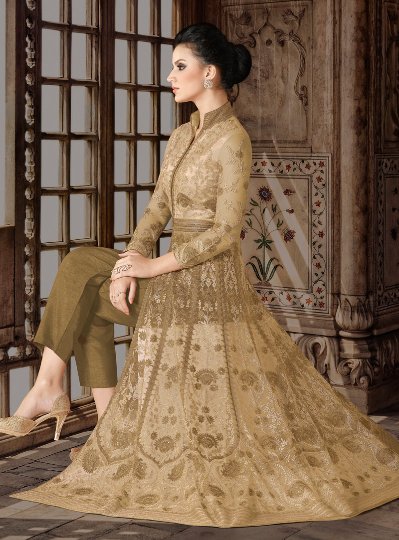 Beige Net Pakistani Style Suit 130472