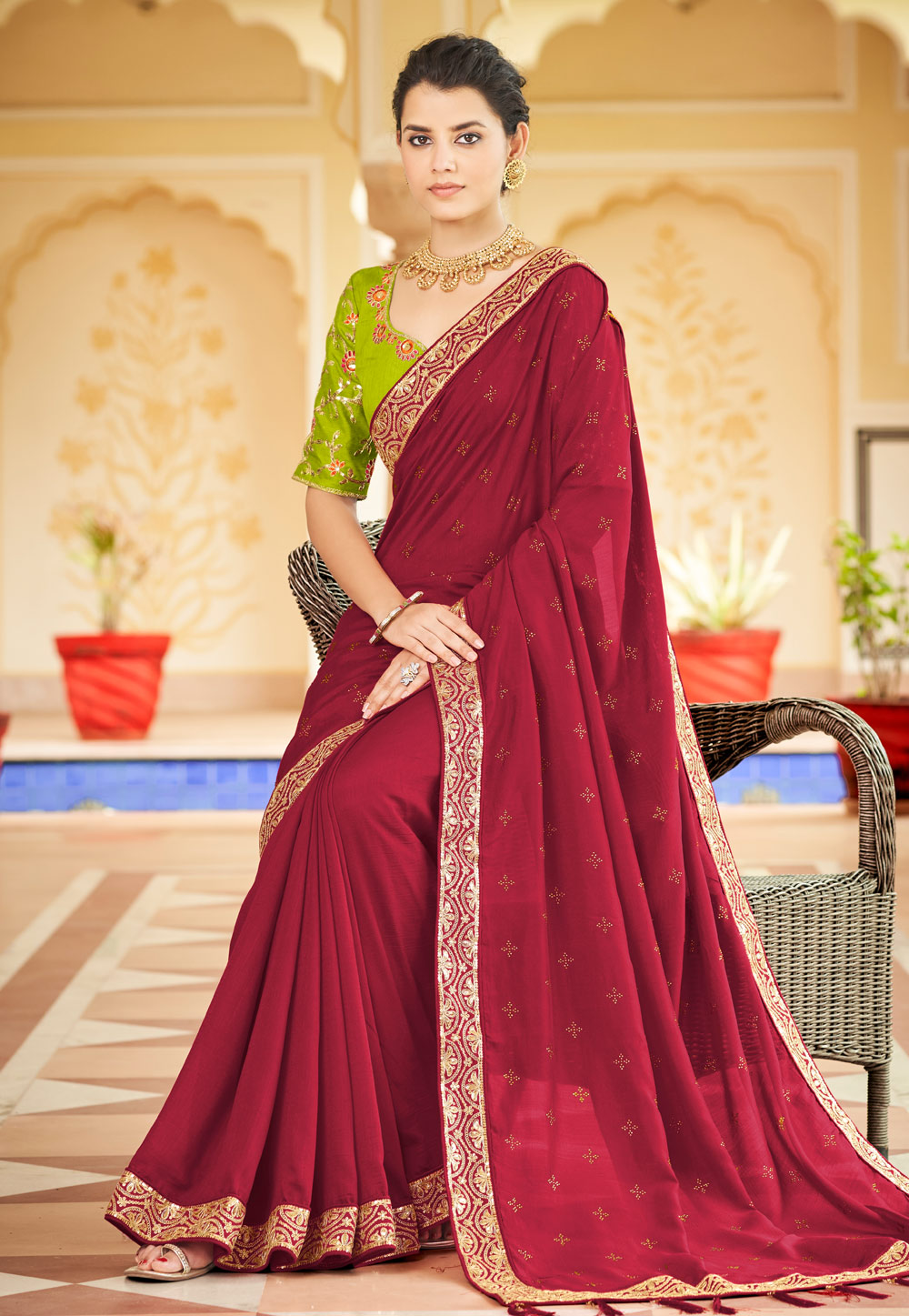 Melodic Light Blue Silk Saree with Maroon Blouse