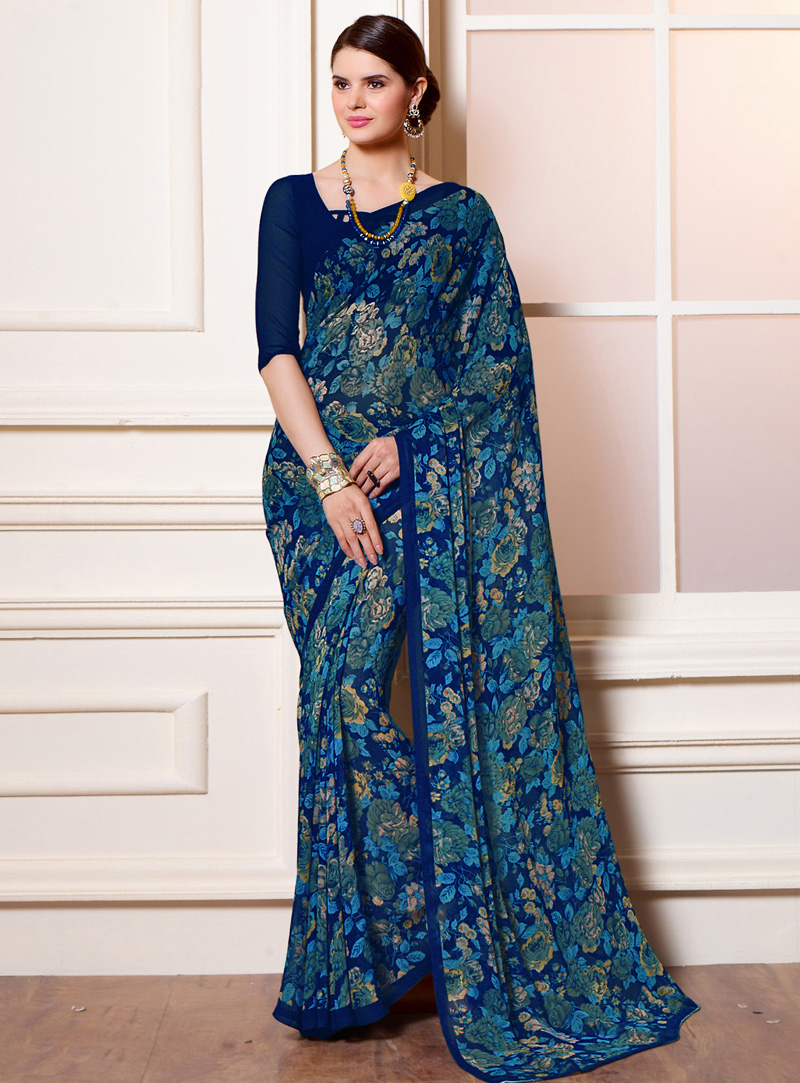 Navy Blue Georgette Printed Saree With Blouse 97393