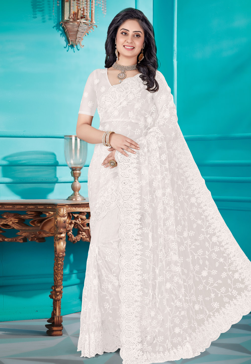 Off White Net Saree With Blouse 202514