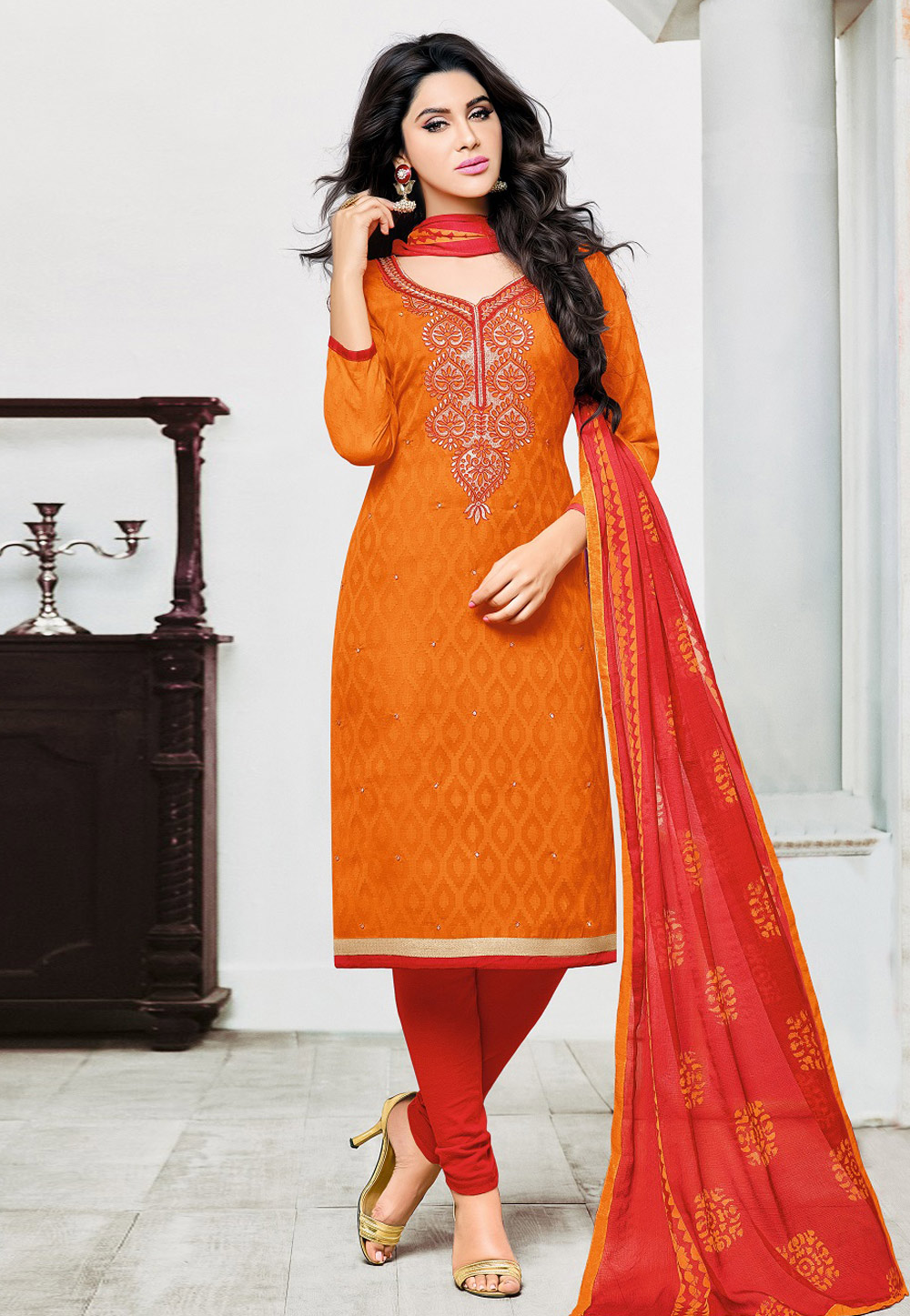Orange Jacquard Churidar Suit 160265