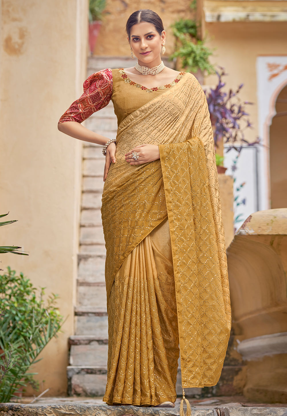Beige Chinon Saree With Blouse 250515