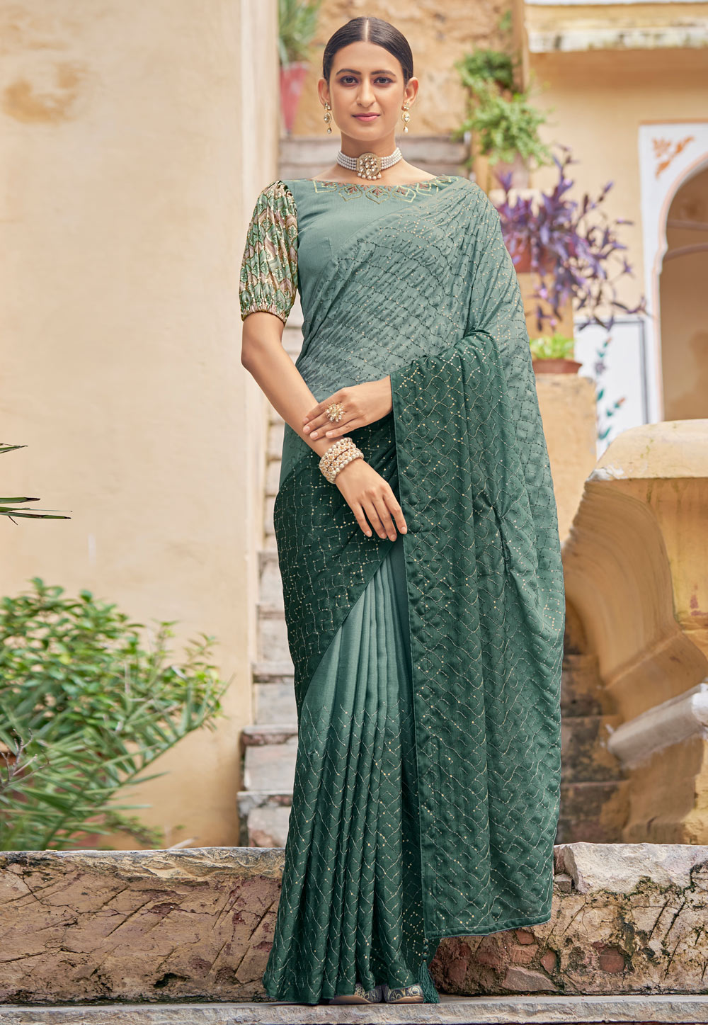 Green Chinon Saree With Blouse 250516