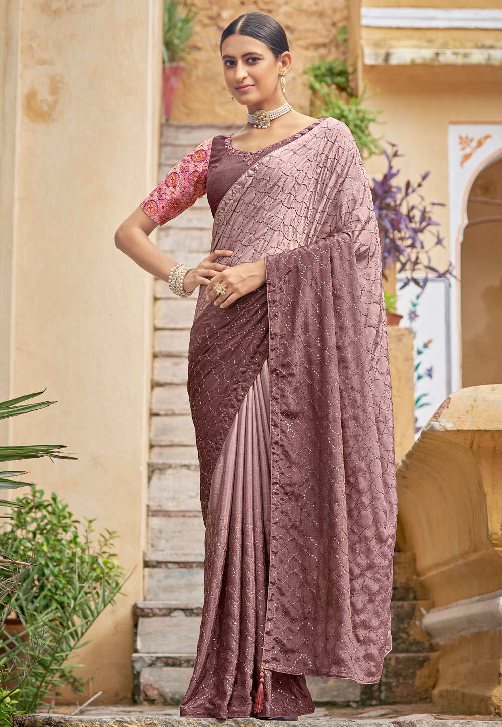 Light Pink Chinon Saree With Blouse 250517