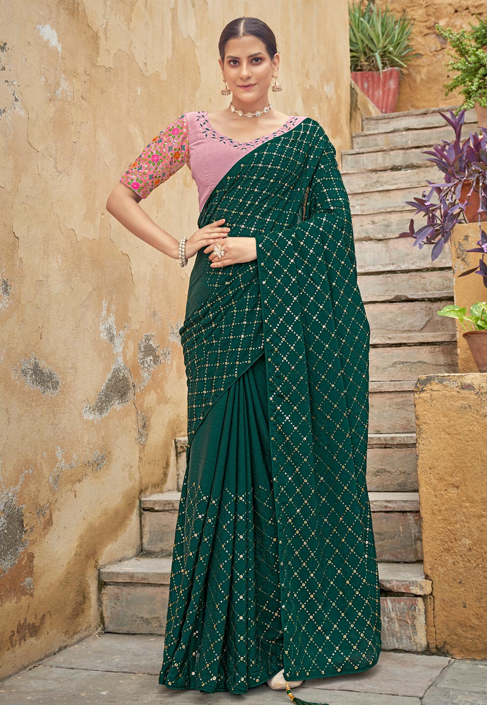 Green Chinon Saree With Blouse 250518