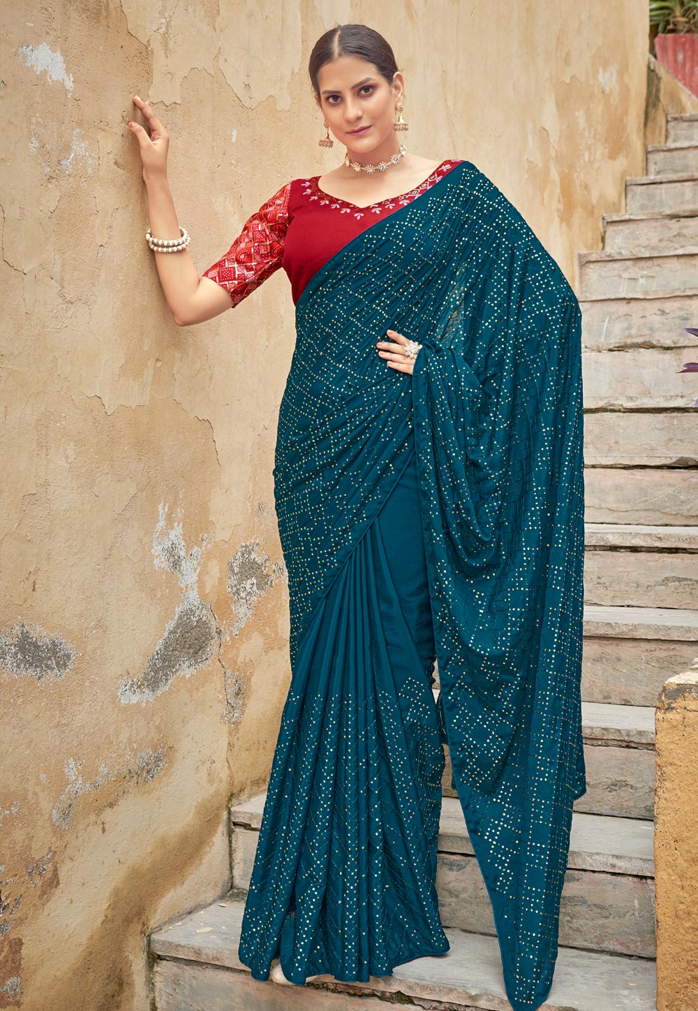 Teal Chinon Saree With Blouse 250520