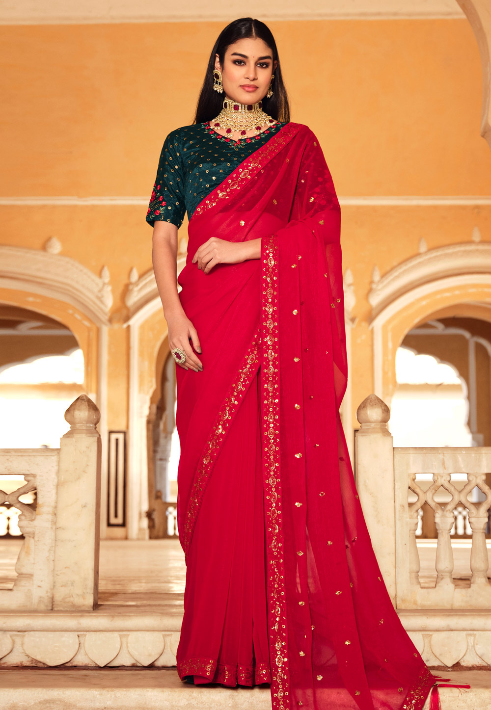 Red Chinon Saree With Blouse 261324