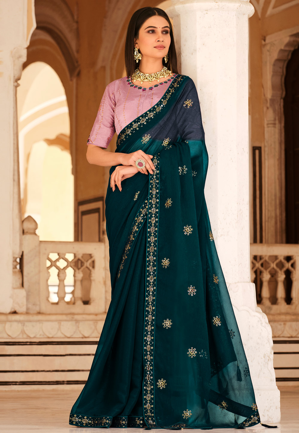 Teal Chinon Saree With Blouse 261325