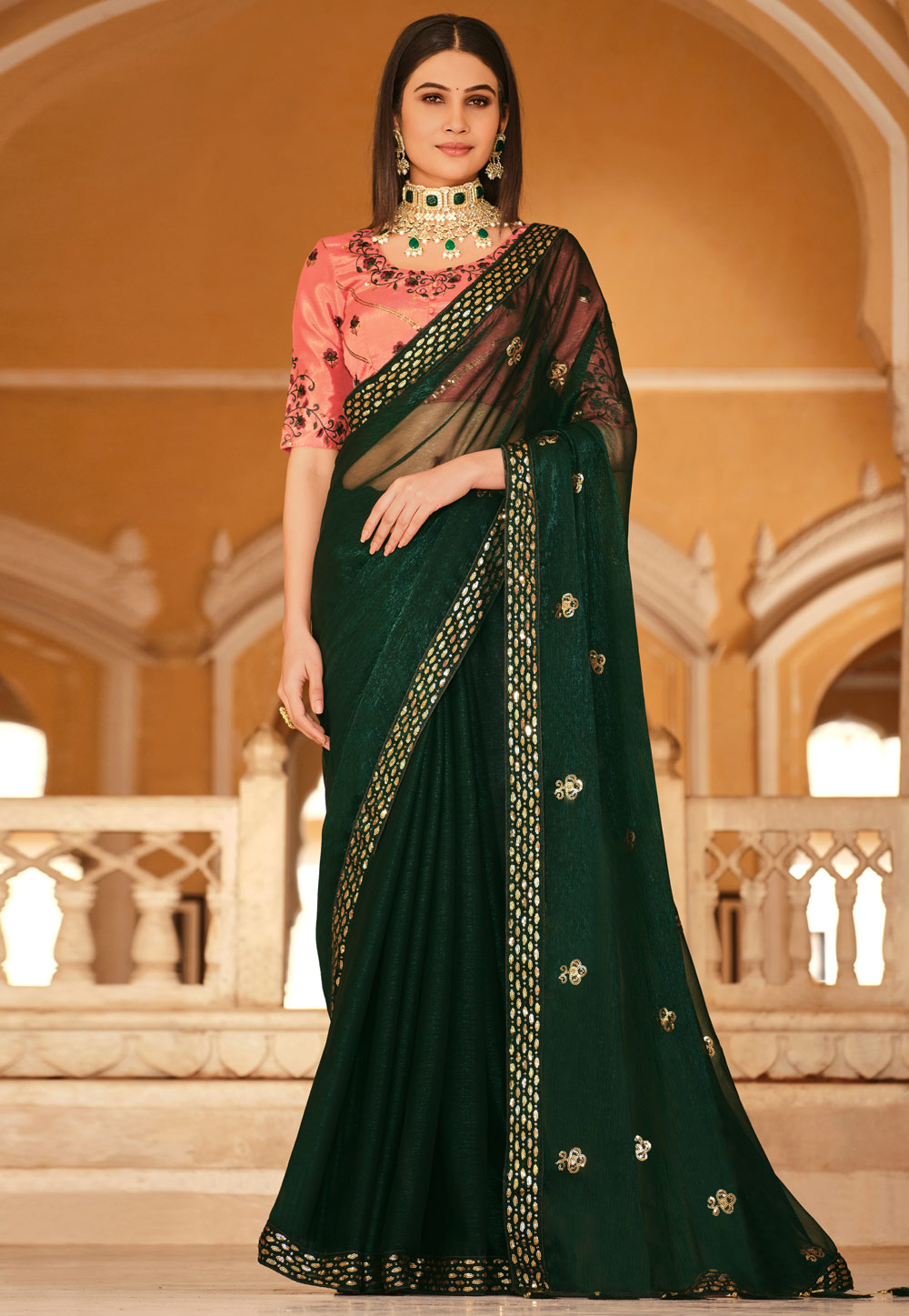 Green Chinon Saree With Blouse 261327