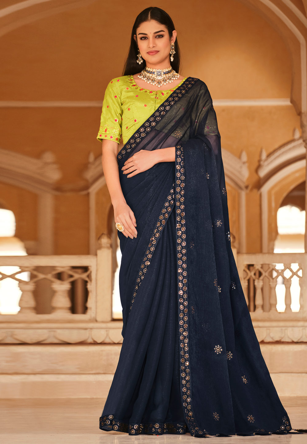 Navy Blue Chinon Saree With Blouse 261331