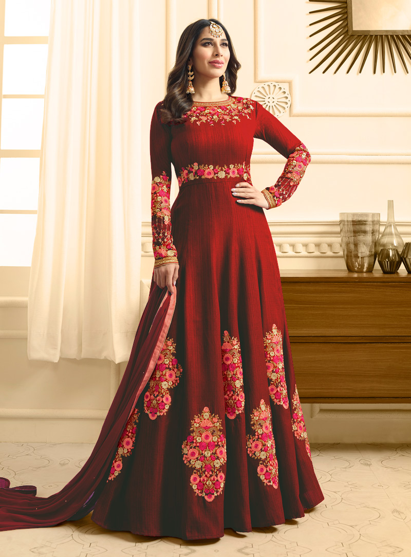 Sophie Choudry Red Raw Silk Long Anarkali Suit 126437