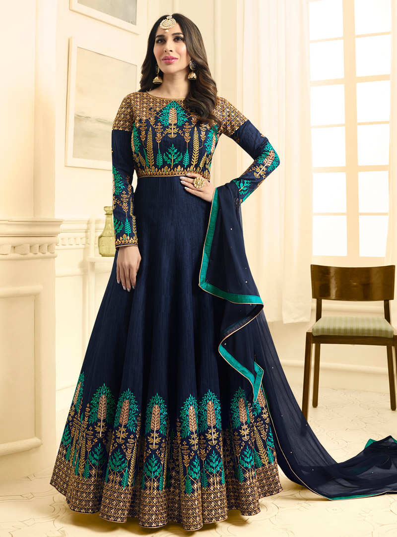 Sophie Choudry Navy Blue Raw Silk Long Anarkali Suit 126438