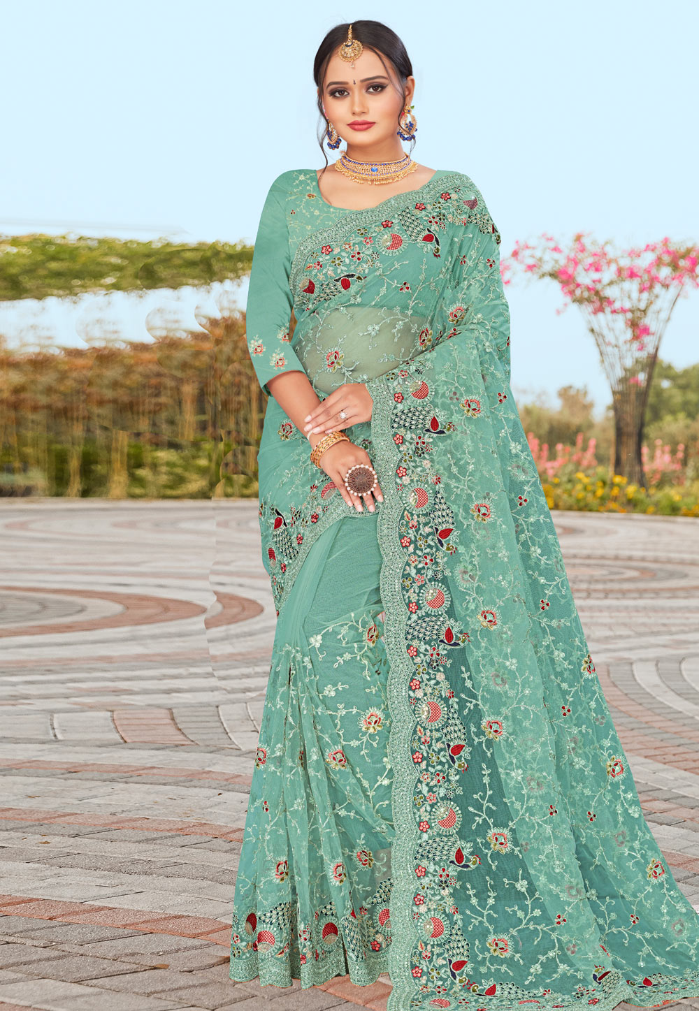 Sea Green Net Saree With Blouse 233783