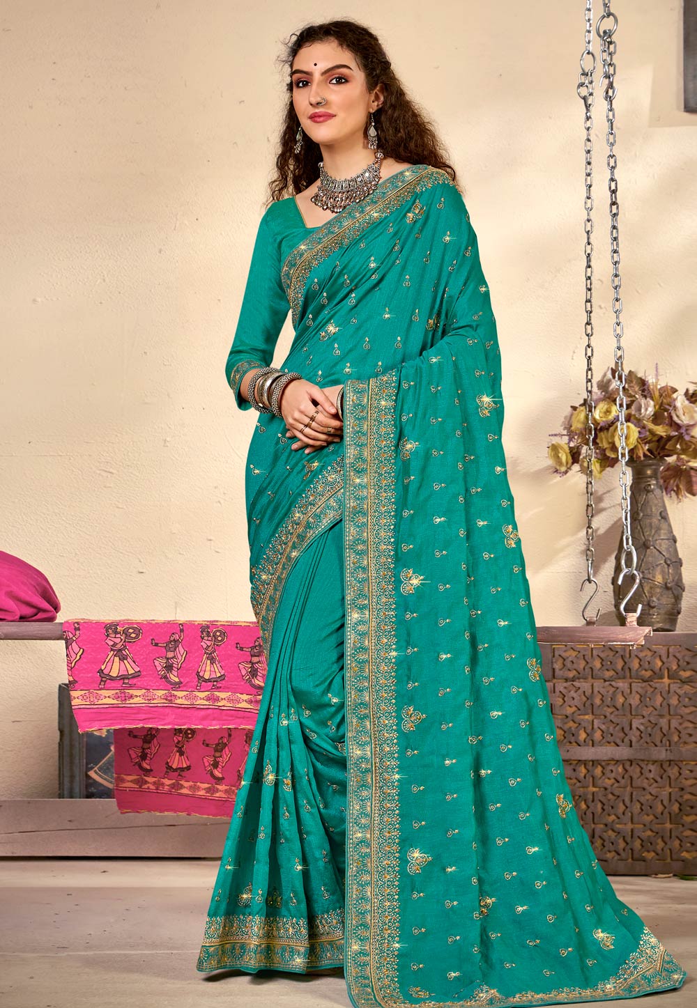 Turquoise Silk Saree With Blouse 245395