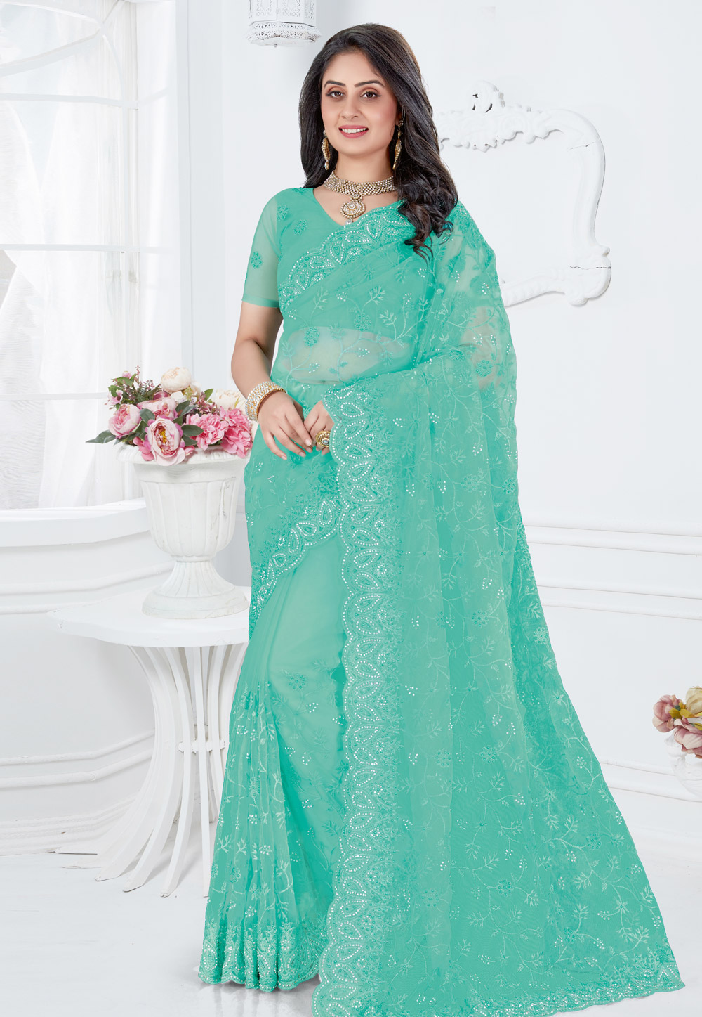 Turquoise Net Saree With Blouse 202520