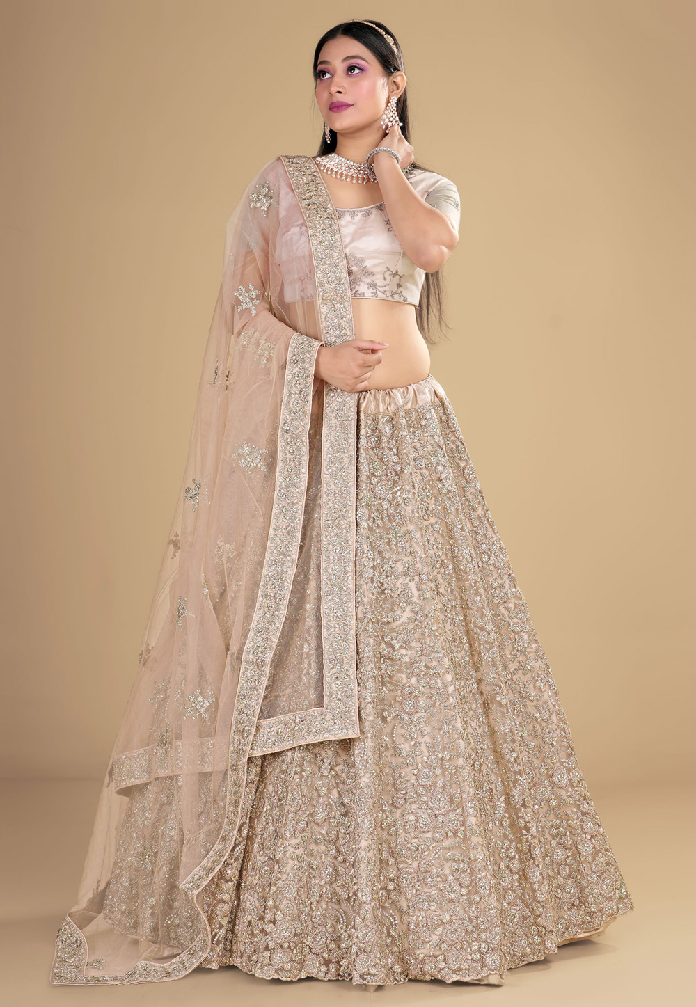 Beige Net Circular Lehenga Choli 271760