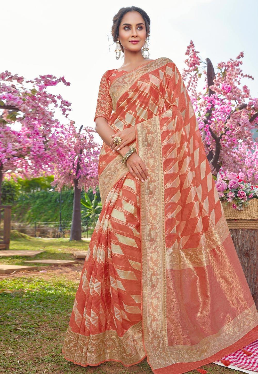 Adorable Peach Banarasi Zari Weaving Tissue Silk Saree