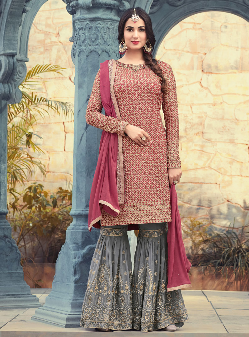 Sonal Chauhan Pink Georgette Sharara Style Salwar Suit 127110