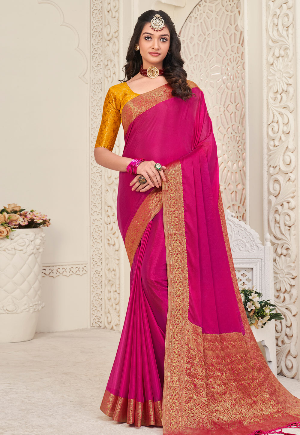 Pink Chinon Silk Saree With Blouse 263327