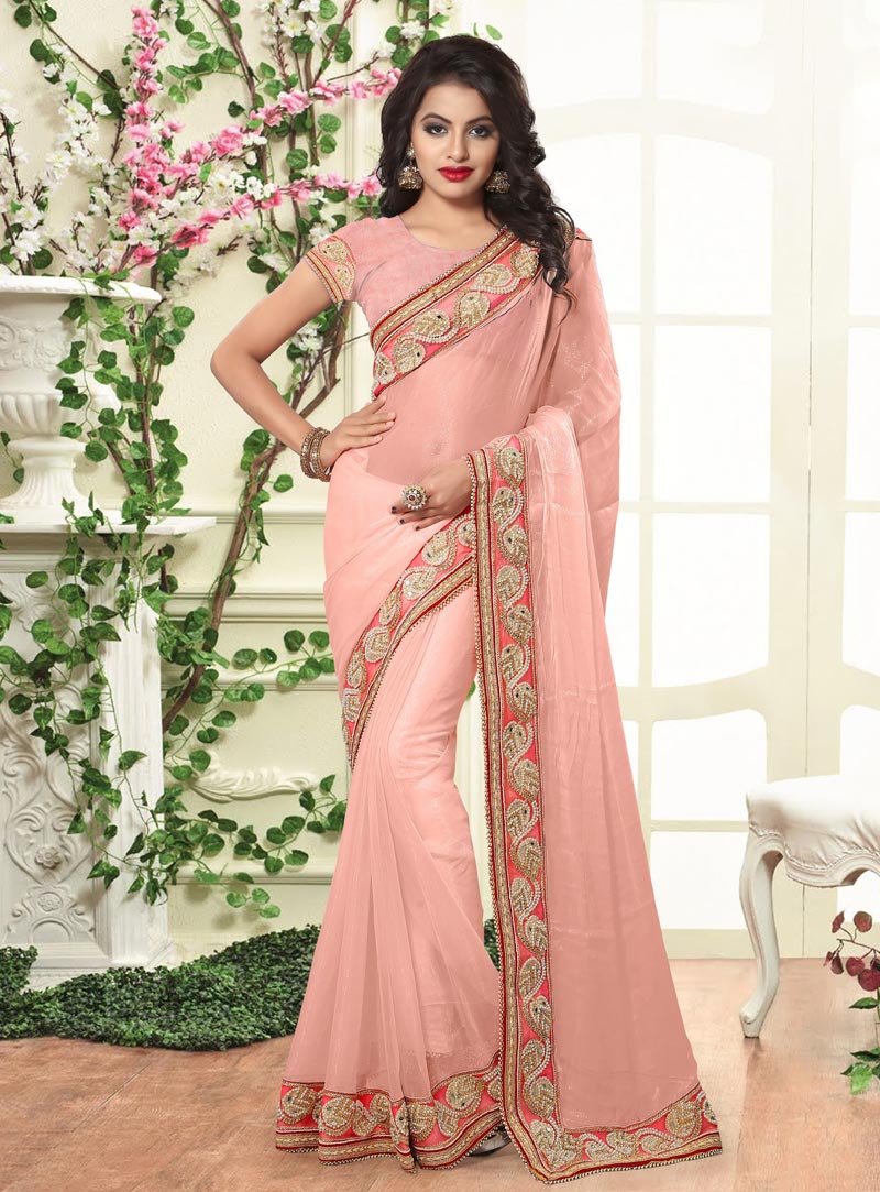 Pink Shimmer Patch Lace Work Saree 88116