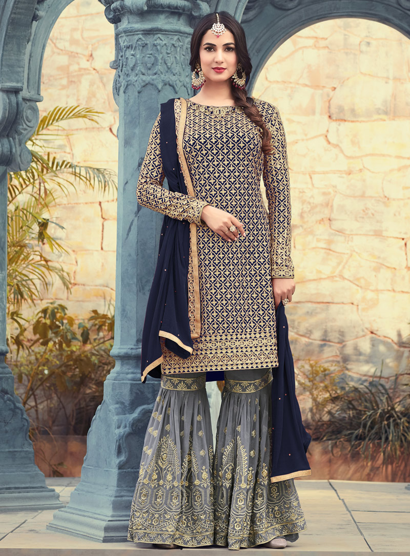 Sonal Chauhan Navy Blue Georgette Sharara Style Salwar Suit 131392