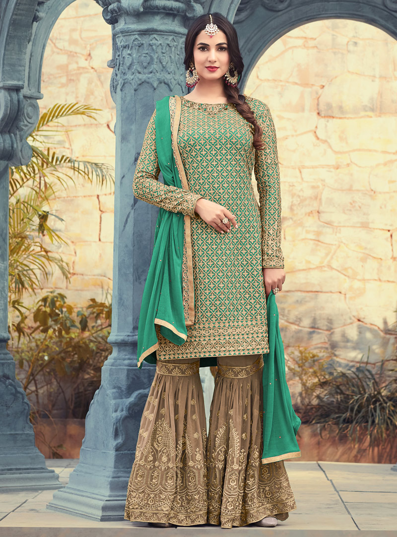 Sonal Chauhan Sea Green Georgette Sharara Style Salwar Suit 131394
