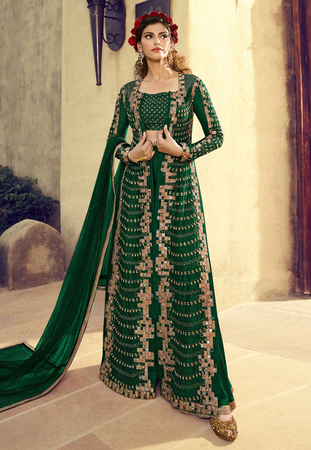Green Silk Embroidered Sharara Suit With Jacket 195379
