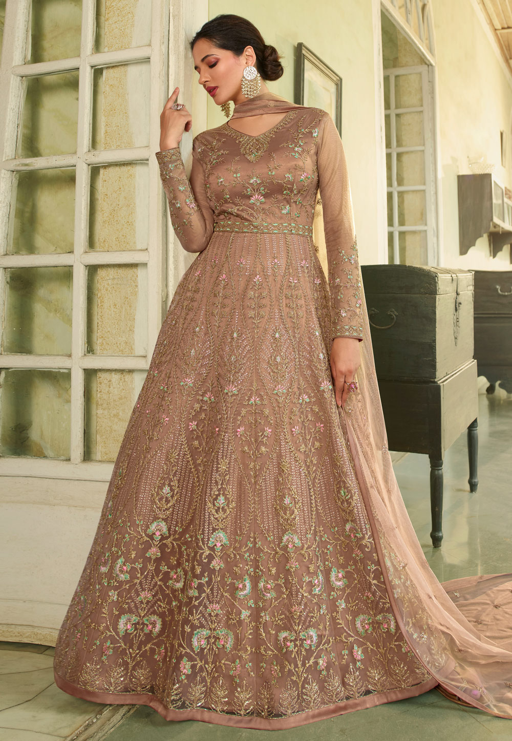 Brown Net Abaya Style Anarkali Suit 257261