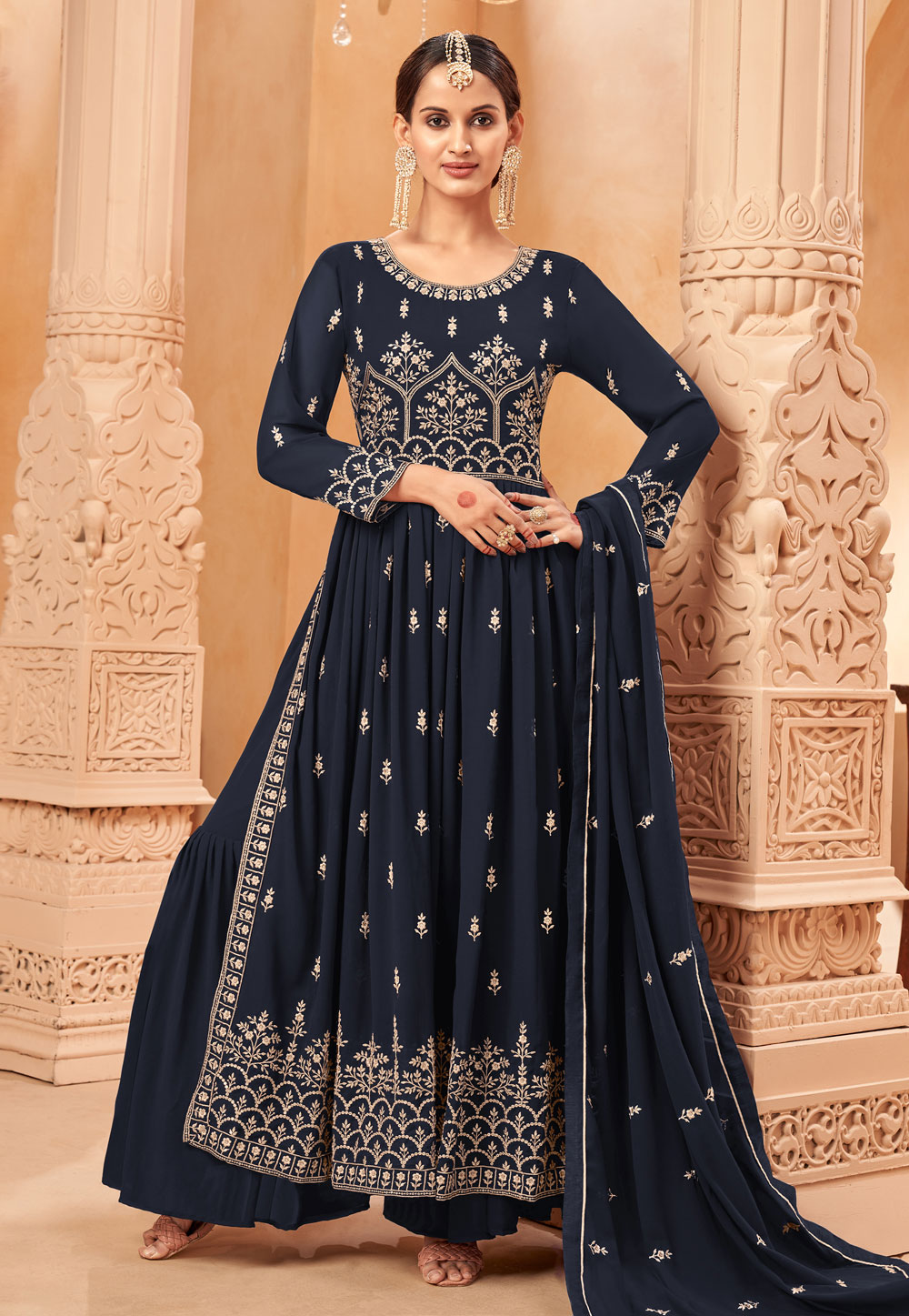 Navy Blue Faux Georgette Sharara Suit 261125