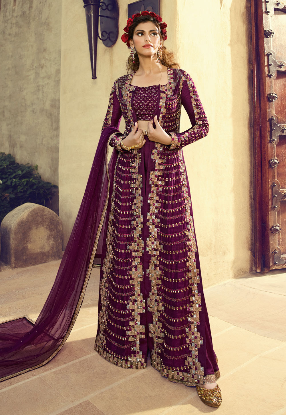 Purple Silk Embroidered Sharara Suit With Jacket 188248