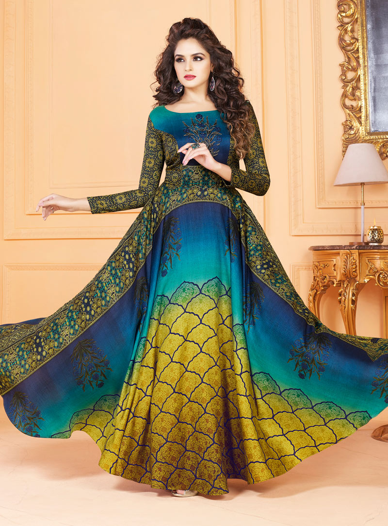 Teal Tussar Silk Readymade Gown 128812