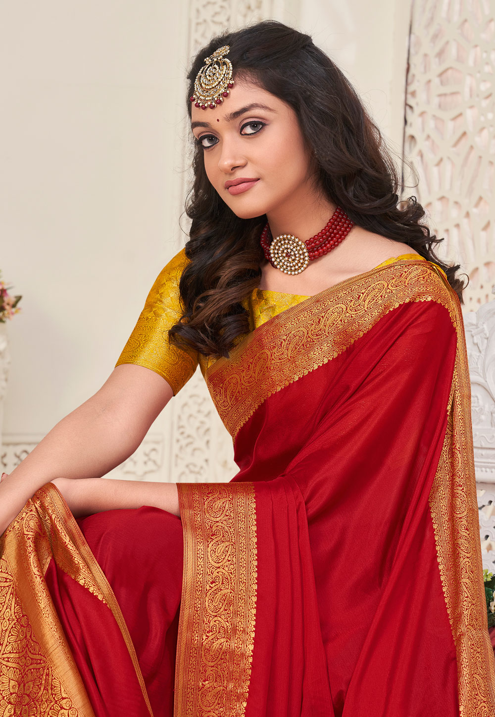 Multi Coloured Leheriya & Bandhani Gota patti Pure Chinon Saree - ALBIS  Online