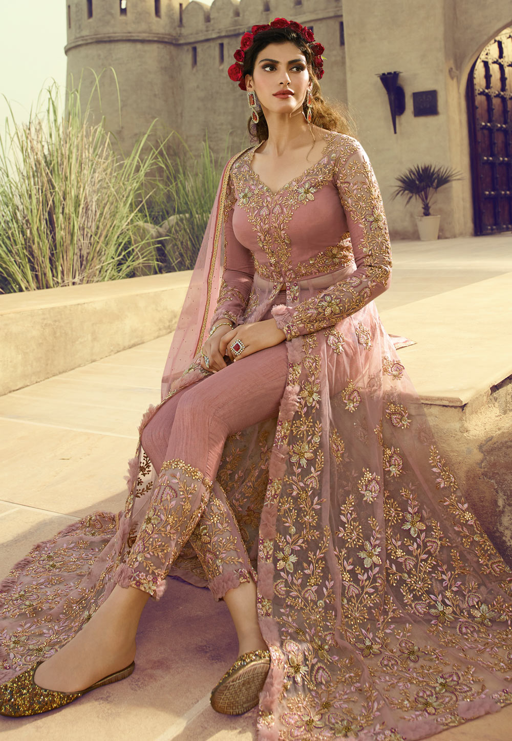 Pink Net Embroidered Pant Style Suit 188250