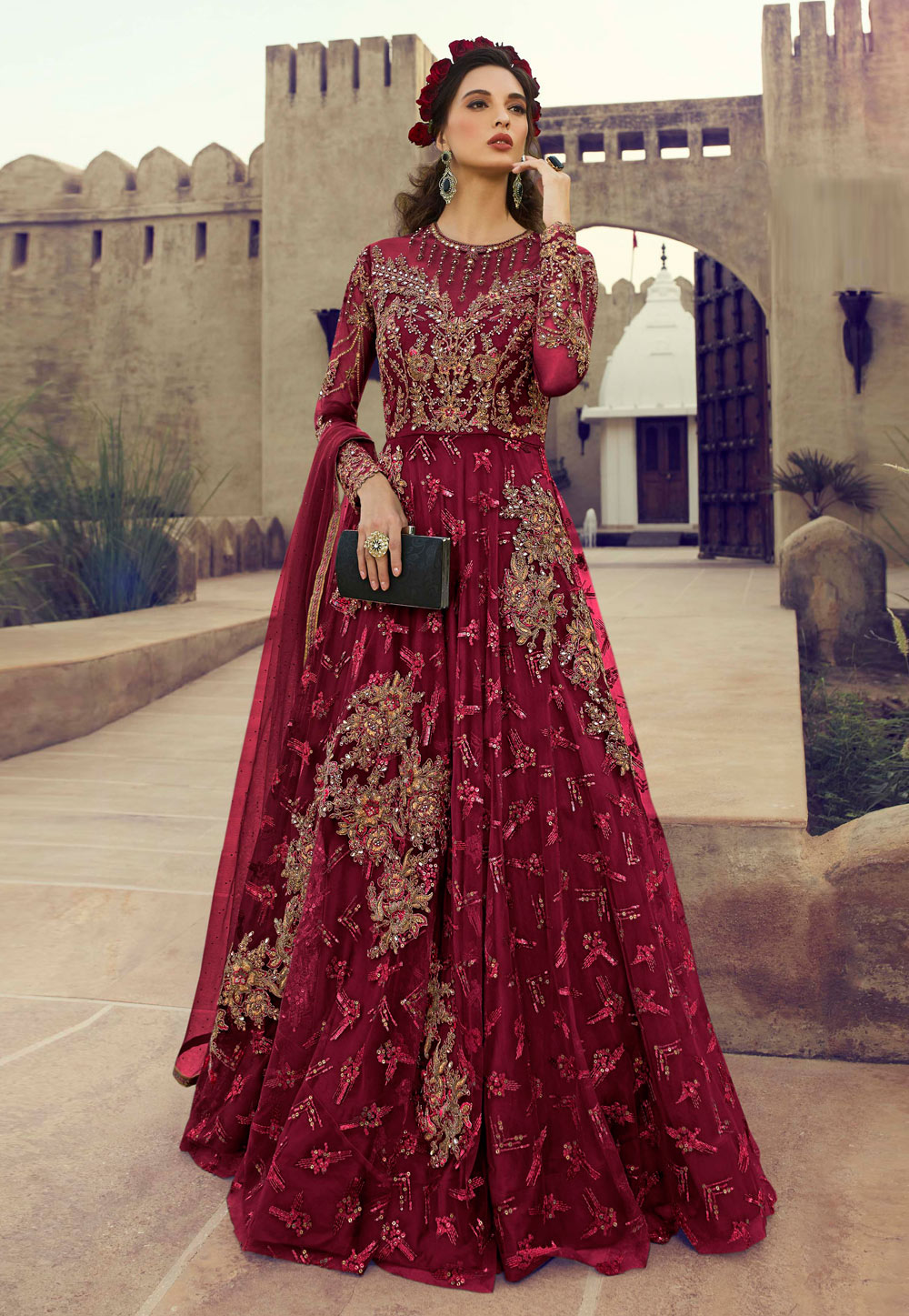 Magenta Net Embroidered Abaya Style Anarkali Suit 195383